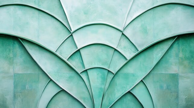 Teal Art Deco wall panel, outdoor building, geometric design, architectural detail