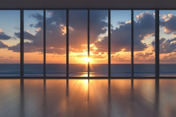 Fototapeta premium Serene Sunset Ocean View from Floor-to-Ceiling Windows