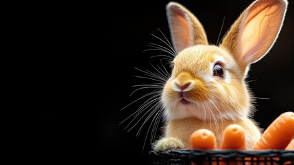 Cute bunny with carrots, dark background, Easter.  Perfect for greeting cards