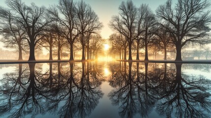 Serene Sunrise Reflection Trees Mirrored in Calm Water at Dawn