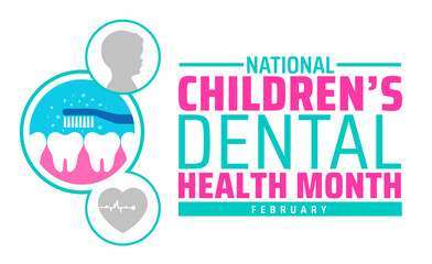 Children’s Dental Health Month or Children Dental Health Month background banner or poster design template. observed every year in February. Holiday concept. Use to any Template, card, poster, placard