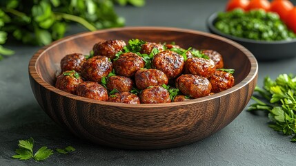Glazed Meatballs Served in Wooden Bowl with Parsley