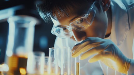 A meticulous shot of a scientist in a laboratory examining a test tube, Laboratory research scene, Scientific discovery style