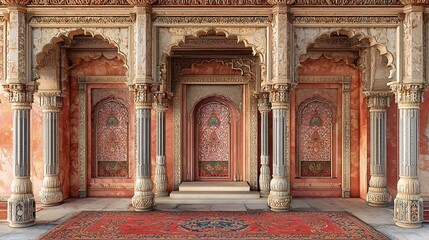 Ornate Palace Interior with Intricate Columns, Arches, and Persian Rug.