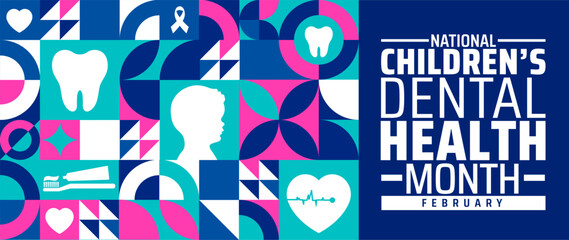 Children’s Dental Health Month or Children Dental Health Month geometric shape pattern background banner or poster design template. observed every year in February. Holiday concept.