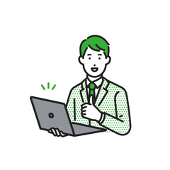 ノートパソコンを持ちグッドサインする男性	