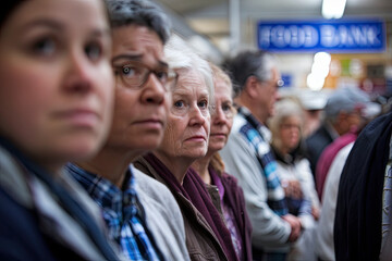 Fototapeta premium People waiting in line at a food bank, highlighting the rise of unemployment