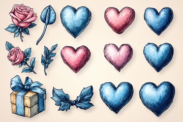 Fototapeta premium Colorful Hearts and Floral Elements for Romantic Designs