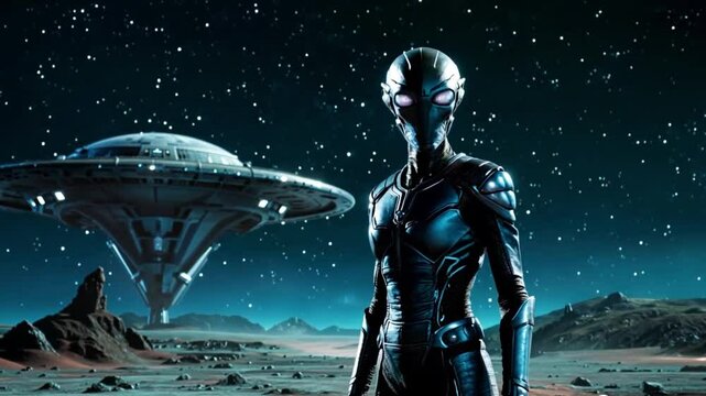 3d illustration of an female extraterrestrial looking at an alien world while crouching on a mountain top with large and small planets in the background.