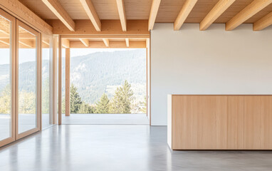 Modern interior design featuring open space and scenic mountain view during daylight hours