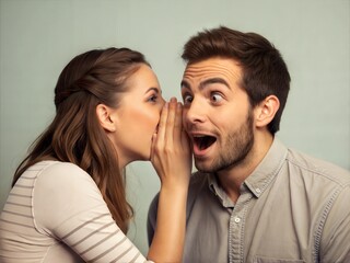 Naklejka premium Young Woman Whispering Secret to Shocked Man – Wide Open Mouth and Surprised Expression.