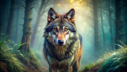 Lone Wolf in Misty Forest - Alert and Majestic Wildlife Photography