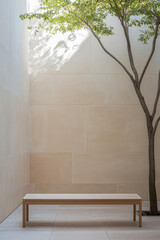 Peaceful corner with wooden bench and tree in minimalist outdoor space