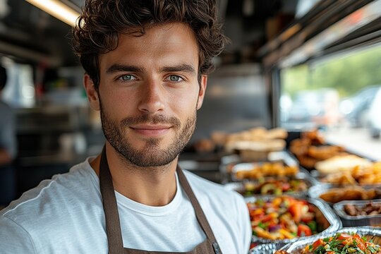 A smiling young man in an apron stands in front of a food truck with various dishes displayed.