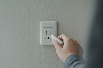 A minimalist composition featuring a hand inserting a sleek device charger into a perfectly aligned wall socket, with neutral tones in the background.