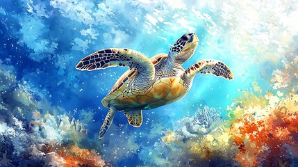 Obraz premium A Vibrant Watercolor Painting of a Sea Turtle Gracefully Swimming Through a Coral Reef.