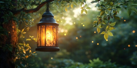 Enchanted Lantern Hanging from a Tree Branch in a Magical Forest at Dusk