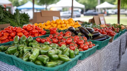 Vibrant assortment of fresh vegetables at a lively outdoor farmers market