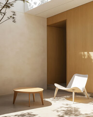 Modern interior design featuring a minimalist chair and wooden table in a serene space