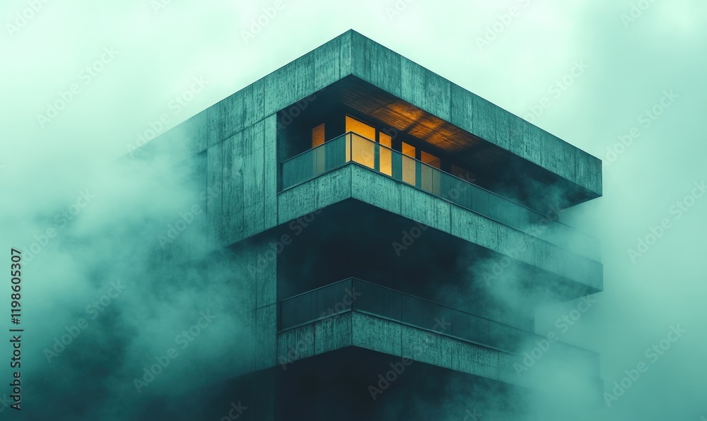 Wall mural Foggy concrete building; glowing balcony window.