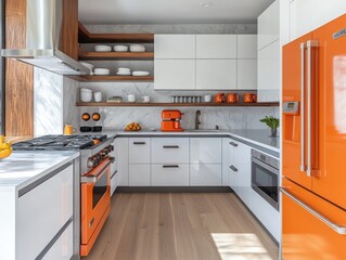 Modern Kitchen Design Featuring Orange Appliances and White Cabinets