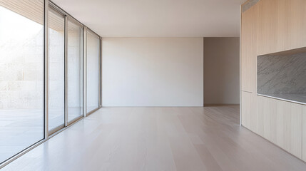 Modern interior space with large windows and minimalist design showcasing natural light