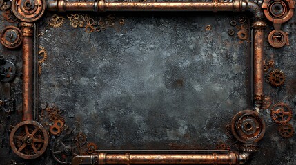Steampunk Background:  Industrial Gear and Pipe Frame on Dark Metal