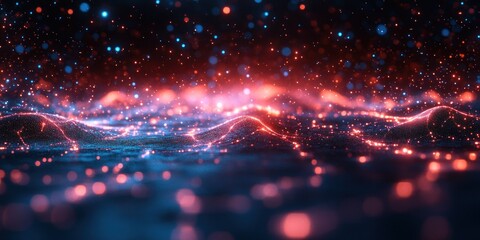 Obraz premium Abstract Red and Blue Glowing Particle Landscape: A Digital Art Exploration