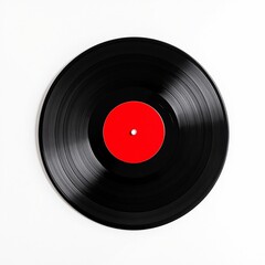 Black vinyl record red label isolated on white