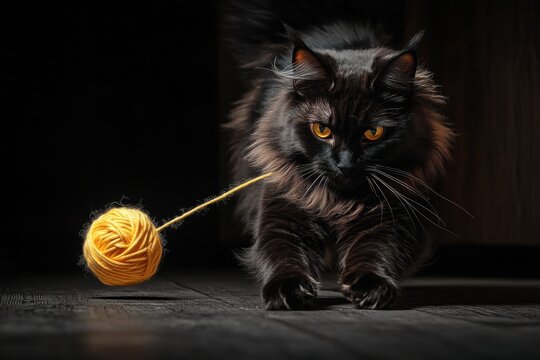 Maine Coon cat with black fur and amber eyes plays with yellow yarn in dramatic lighting and monochromatic setting showcasing size and textures in a playful yet mysterious scene