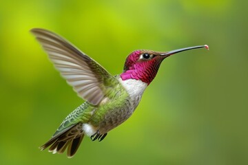 Fototapeta premium Adult male Annas hummingbird hovering gracefully while sipping nectar from a flower in a lush garden during the warm afternoon light