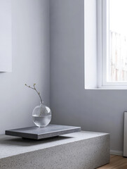 Modern living space featuring minimalist decor and a round vase with a branch