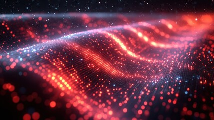 Fototapeta premium Red and blue particles wave, dark background, digital art, tech