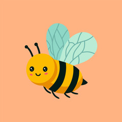 Cute cartoon flying bee on a peach background.