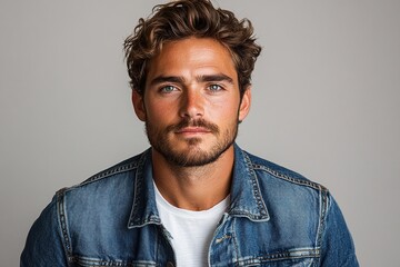 Obraz premium A close-up portrait of a man with curly hair, wearing a denim jacket, against a neutral background.