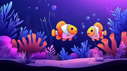 Obraz premium Two Adorable Cartoon Clownfish Facing Each Other in a Vibrant Underwater Scene.