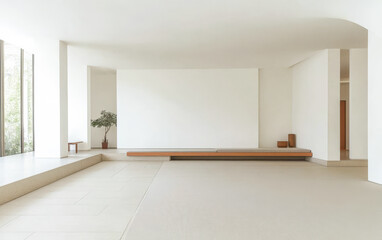 Minimalist interior design with wooden elements and natural light in a serene space