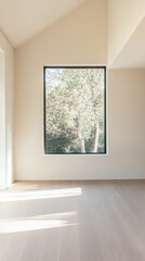 Fototapeta premium Modern minimalist interior featuring large window with natural light in serene setting