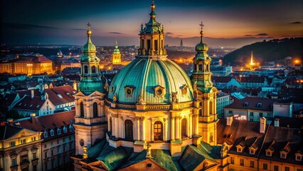 Obraz premium Low Light Aerial Orbiting View: Prague Church Dome, Night Photography