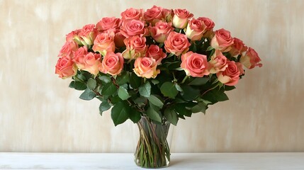 Fototapeta premium Peach roses bouquet vase studio background gift