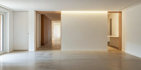 Modern interior design of a minimalist apartment with open spaces and natural light