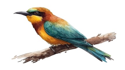 Fototapeta premium Watercolor painting of a vibrant Blue-tailed Bee-eater perched on a branch.