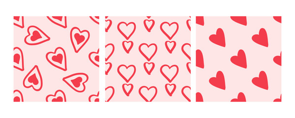 Seamless pattern with red outlined and filled hearts in doodle style
