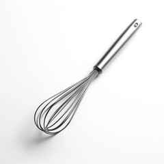A silver whisk with a black handle sits on a white background