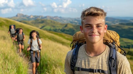 Teen hiker smiles, group trekking mountain trail, summer landscape, adventure tourism