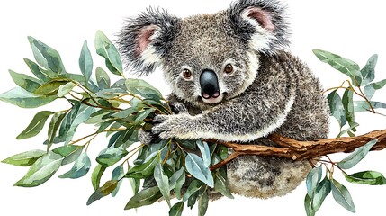 Fototapeta premium Adorable Koala Bear Clinging to Eucalyptus Branch, Watercolor Illustration.