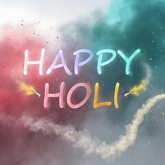 Happy Holi lettering with vibrant colorful powder background.