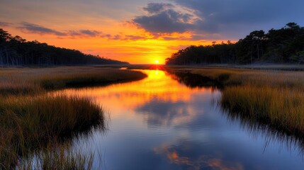 Obraz premium Sunset over marsh, tranquil water reflecting sky, coastal landscape, serene nature scene, ideal for travel brochures