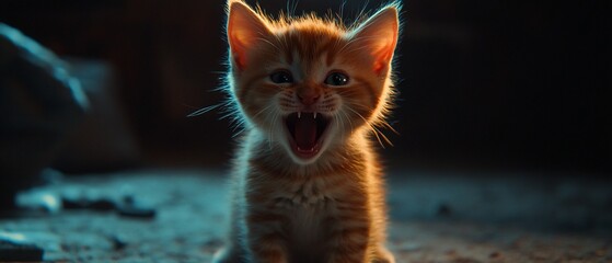 Ginger kitten meows, indoor setting, dark background, pet portrait