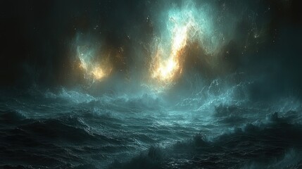 Fototapeta premium Celestial Flames Ignite Turbulent Ocean Waters